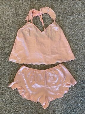 Victoria's Secret Light Pink Satin Halter Cami & Ruffle Shorts Set